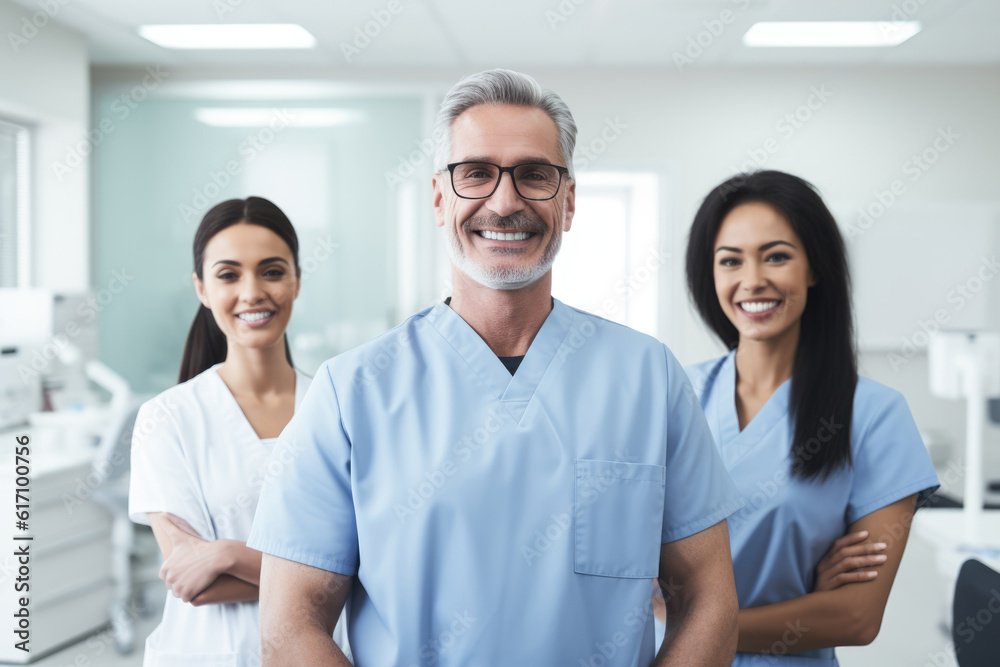Fototapeta premium Caucasian man dentist smiling while standing in dental clinic, AI Generative