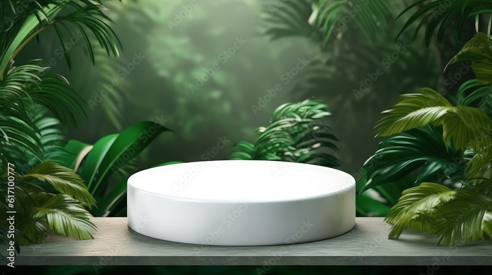 Beautiful empty podium with realistic leaves. Marble podium. Beautiful empty podium with realistic leaves. Marble podium.