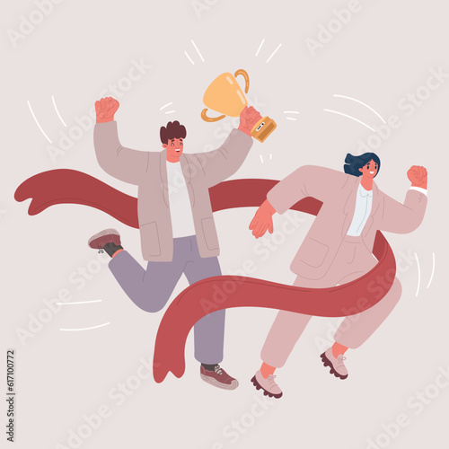 Vector illustration of Business people run race crossing finish line ribbon. Team finish first. Businessperson man, woman colleagues win race competition achieving success. Leadership, gold trophy cup