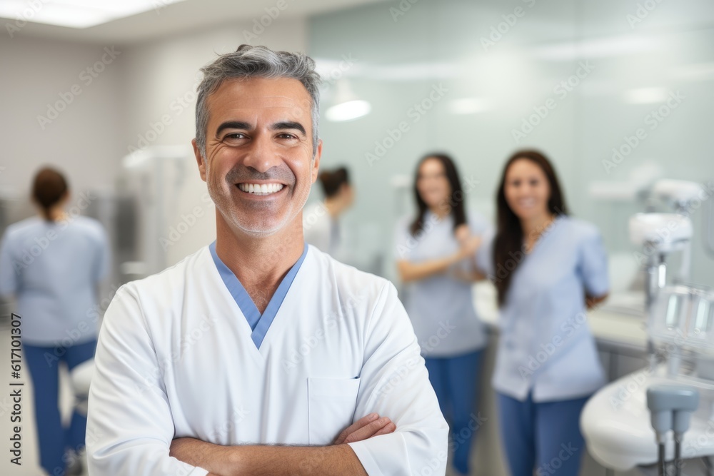 Caucasian man dentist smiling while standing in dental clinic, AI Generative