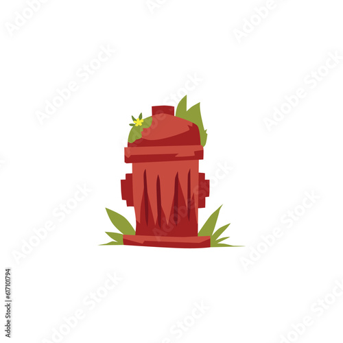 Vector isolated illustration of old overgrown with grass not used for a long time fire hydrant, Cartoon destroyed fireplug