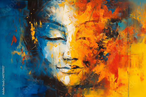 Oil painting Buddha face with abstract texture on background. Generative ai wall painting, meditation and art concept.