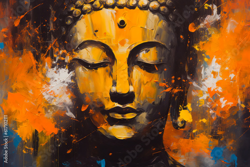 Oil painting Buddha face with abstract texture on background. Generative ai wall painting, meditation and art concept.