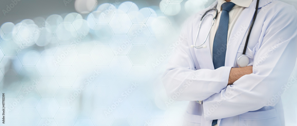 Close up doctor in uniform in hospital. Medical staff smiling at private clinic. Medical Services, Experience of healing and well-being. Close up doctor in uniform in hospital. Medical staff smiling at private clinic. Medical Services, Experience of healing and well-being.
