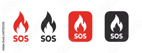 SOS Emergency icons. SOS signs with flame icon. Help service sign. Vector scalable graphics