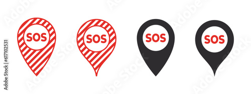SOS icons. SOS badges in the form of a location icon. Vector scalable graphics
