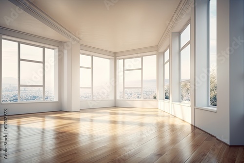 Interior, empty corner with four windows, light colored, glossy parquet flooring, and a white plinth. Perspective view of a room. a Work Path on the Windows, please. Ultra HD 8. Generative AI