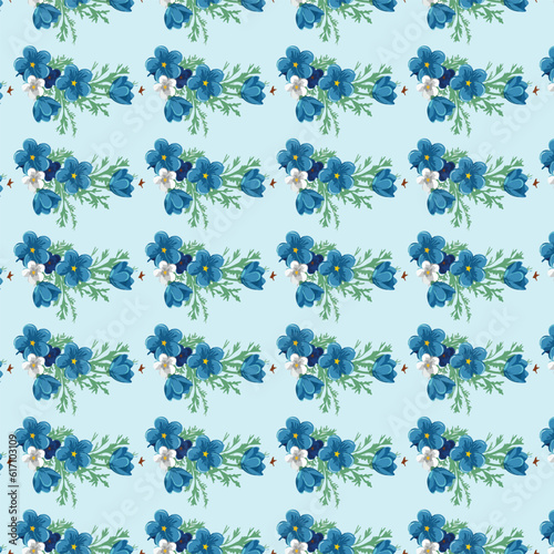seamless floral pattern with colorful wild flowers on mirror reflecting blue sky