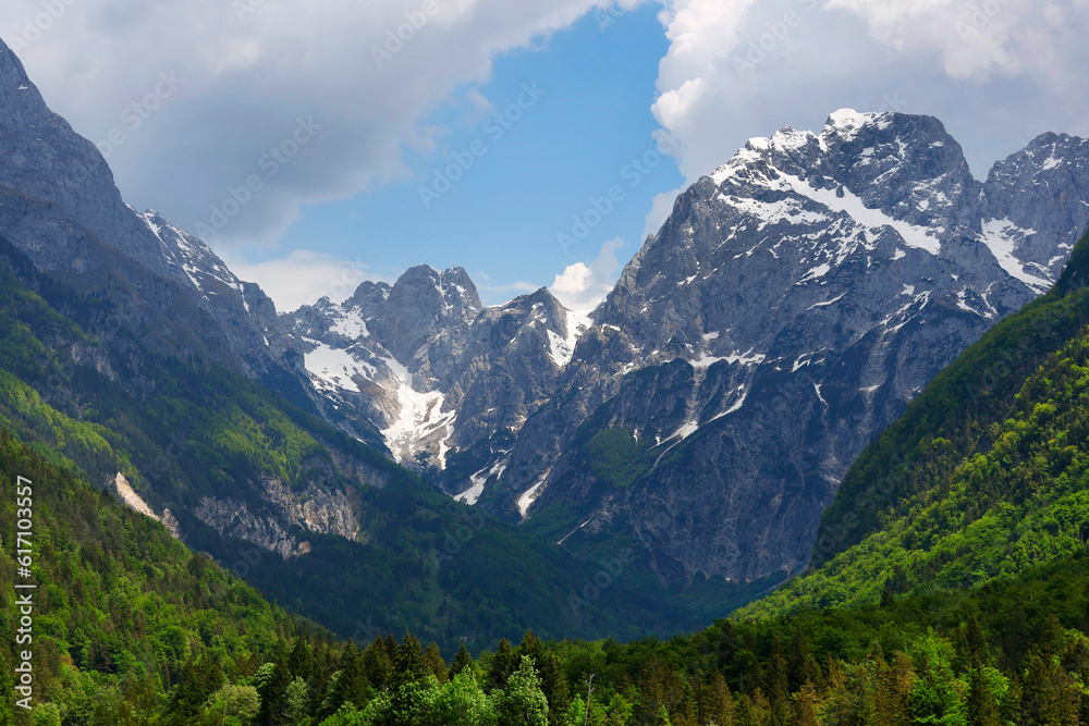 Mountain Range and the peak of the Mount Mangart (2677 m) seen from Fusine Lake, Julian Alps, Tarvisio, Udine, Friuli Venezia Giulia, Italy Slovenia border, Europ