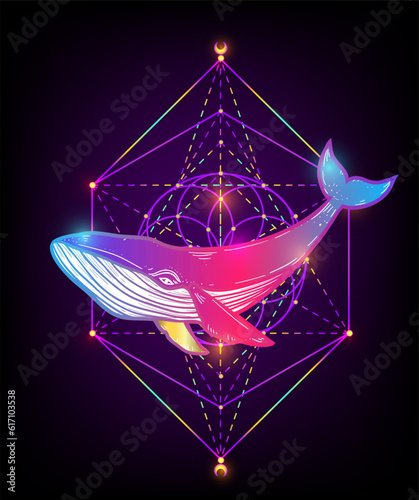 Whale hand drawn Vector illustration. Spiritual, Sacred geometry, humpback whale. Sketch Ink, Underwater world, Marine life. Psychedelic