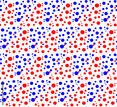Seamless vector geometric texture in the form of a pattern of red and blue polka dots on a white background