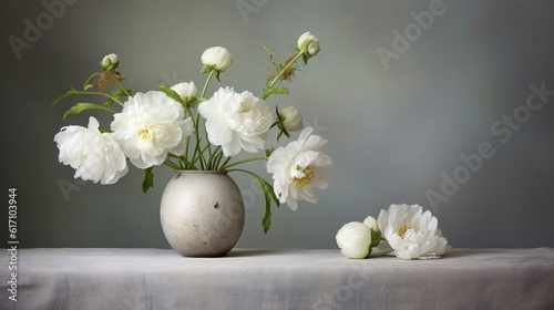 Fototapeta Naklejka Na Ścianę i Meble -  Bouquet of white peony flowers in a ceramic vase. Blooming plants. Generative AI. Illustration for banner, poster, cover, brochure or presentation.