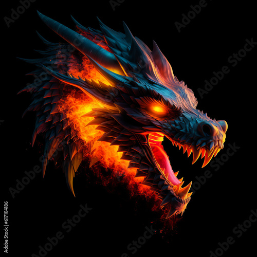 Fire dragon head on a black background. Generative AI Illistration of ancient red dragon on black background. Dragons background.