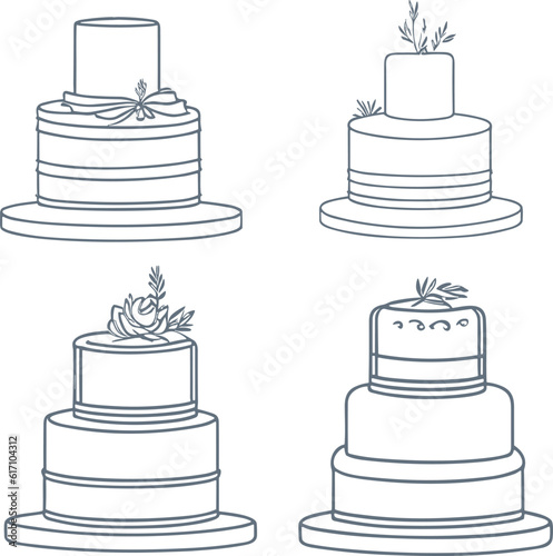 Set of cakes, trendy sketch, line icon. Vector illustration. Collection of cakes for a pastry shop. Birthday cake. Wedding cake White background.