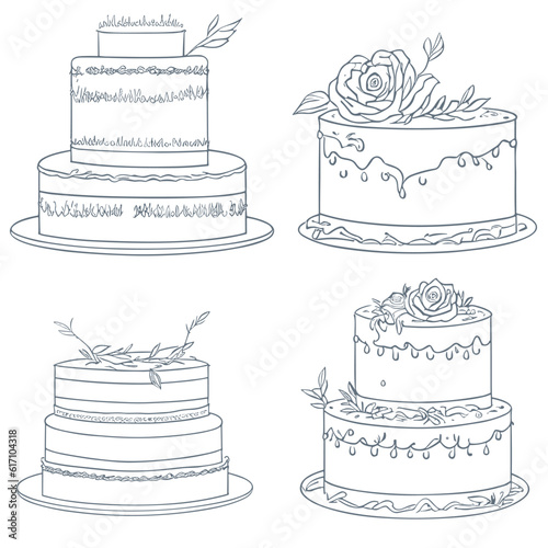 Set of cakes, trendy sketch, line icon. Vector illustration. Collection of cakes for a pastry shop. Birthday cake. Wedding cake White background.