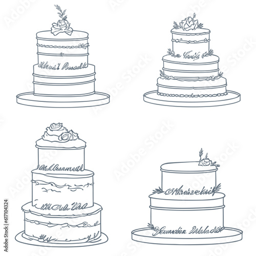 Set of cakes  trendy sketch  line icon. Vector illustration. Collection of cakes for a pastry shop. Birthday cake. Wedding cake White background.