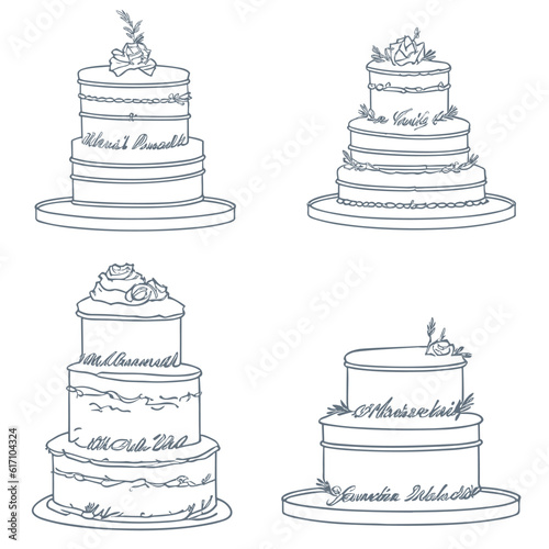 Set of cakes, trendy sketch, line icon. Vector illustration. Collection of cakes for a pastry shop. Birthday cake. Wedding cake White background.