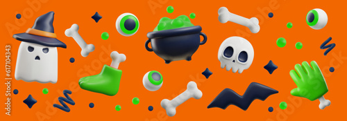 Set of spooky Halloween holiday elements in cartoon 3d style, vector illustration isolated on orange background.