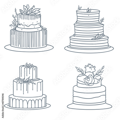 Set of cakes, trendy sketch, line icon. Vector illustration. Collection of cakes for a pastry shop. Birthday cake. Wedding cake White background.