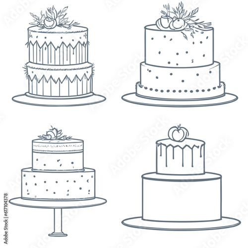 Set of cakes, trendy sketch, line icon. Vector illustration. Collection of cakes for a pastry shop. Birthday cake. Wedding cake White background.