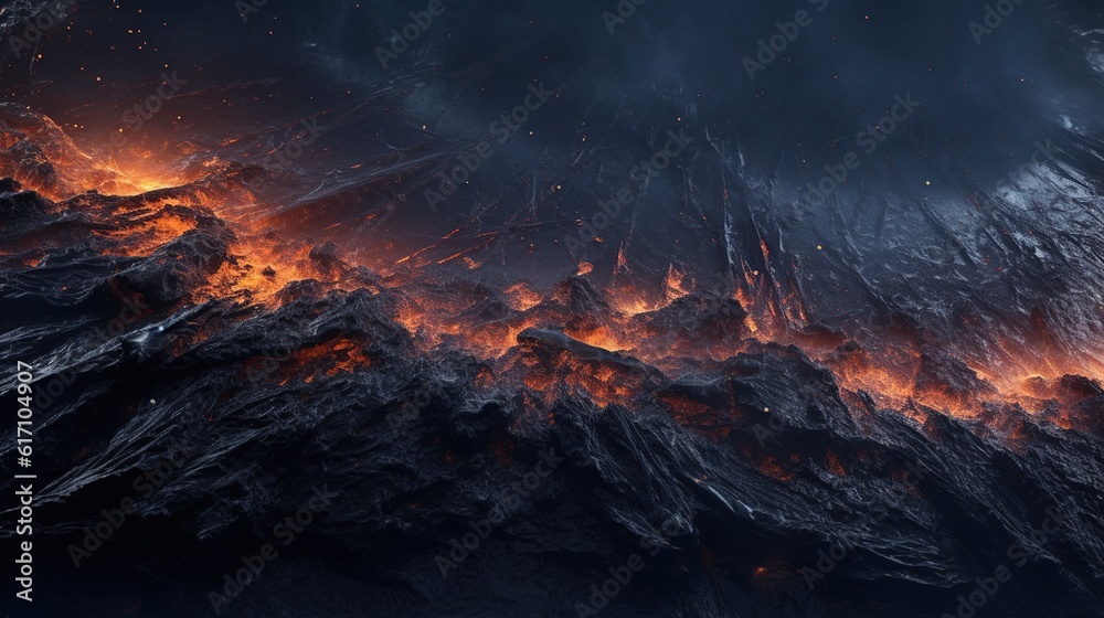 Red lava on a black volcanic ground. Dark texture background. Dangerous nature environment. Eruption of active volcano. Generative AI illustration for cover, card, postcard, brochure or advertising.