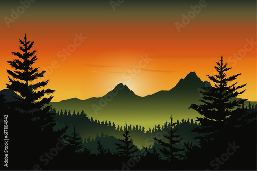  Mountain landscape  the sun is hiding behind the mountains  a sunny sunset in the mountains  the color of the sky is similar to the northern lights