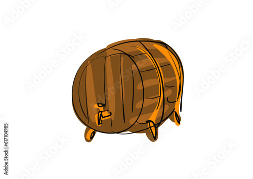 Wooden barrel with tap and hoops on stand. Container for beer or wine. Flat vector hand draw cartoon element for poster of winery or brewery photo