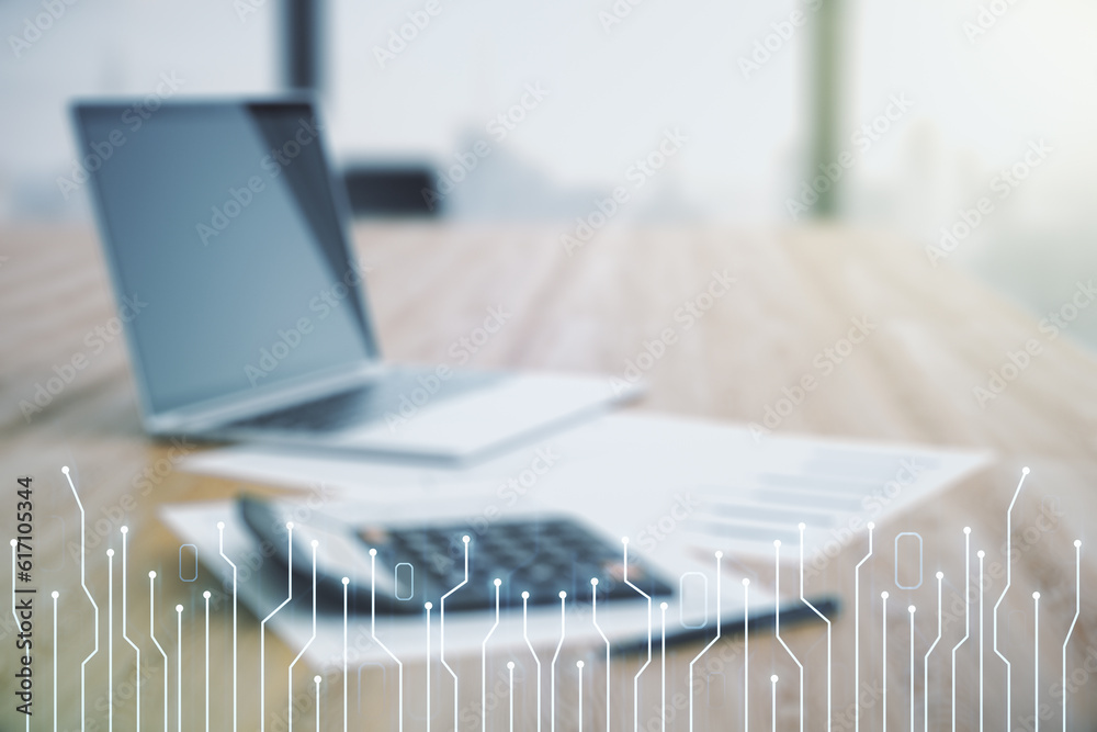 Abstract virtual microscheme illustration on calculator and laptop background. Big data and database concept. Multiexposure Abstract virtual microscheme illustration on calculator and laptop background. Big data and database concept. Multiexposure
