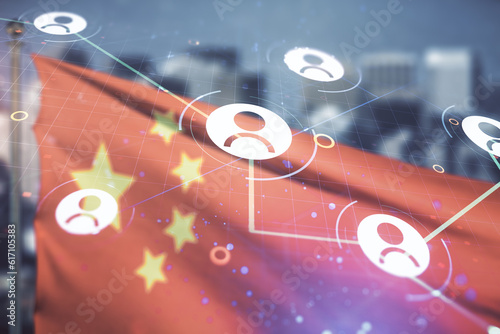 Photography Abstract virtual social network concept on Chinese flag and skyline background