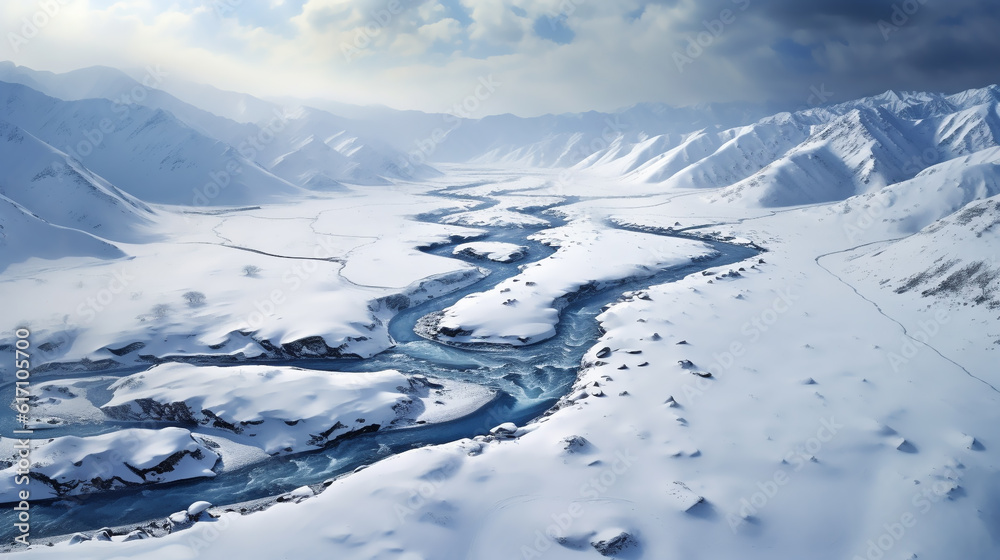An aerial shot Ice flow Valley from helicopter view in winter. Panoramic view down an snow mountain landscape Generative ai