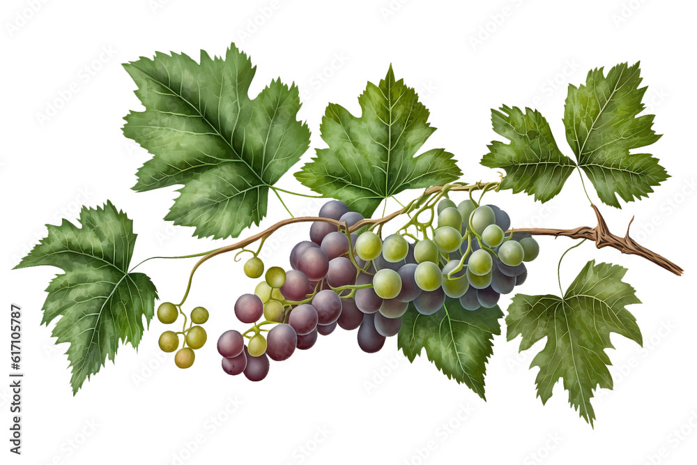 Fototapeta premium Grape bunch of green and dark grapes isolated on a white background illustration. Long grape branch