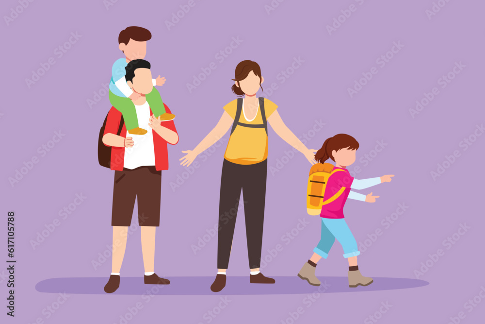 Fototapeta premium Character flat drawing hiking family with two children. Group of people with backpacks on mountain landscape. Mom, dad, son and daughter. Family time, holiday logo. Cartoon design vector illustration