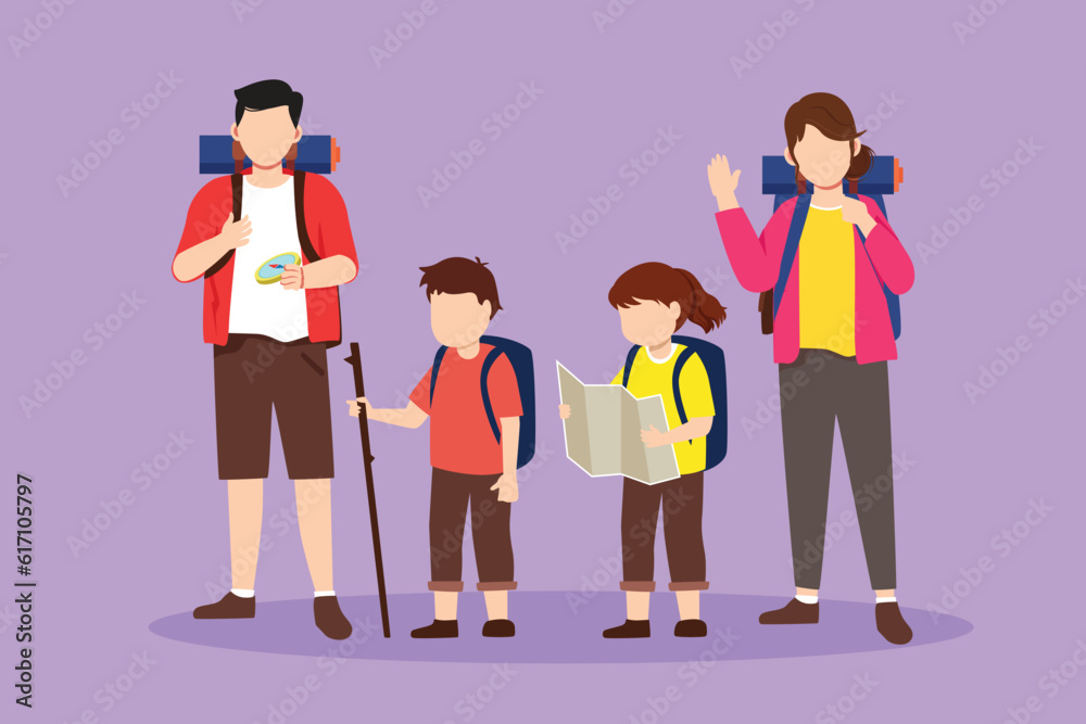 Cartoon flat style drawing family goes camping. Young parents and their children, boy and girl hiking, with backpacks, maps, mats, compass. Family, leisure concept. Graphic design vector illustration Cartoon flat style drawing family goes camping. Young parents and their children, boy and girl hiking, with backpacks, maps, mats, compass. Family, leisure concept. Graphic design vector illustration