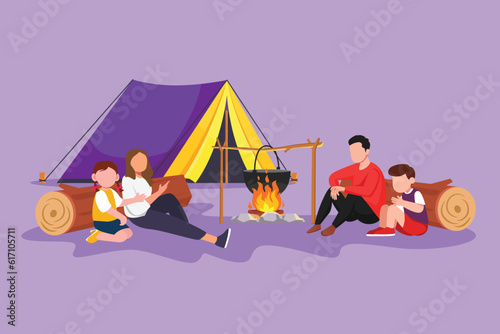 Cartoon flat style drawing happy hiking family around campfire tents boil water in pot for dinner meal. Parent and kid getting warm near bonfire and sitting on logs. Graphic design vector illustration © onetime