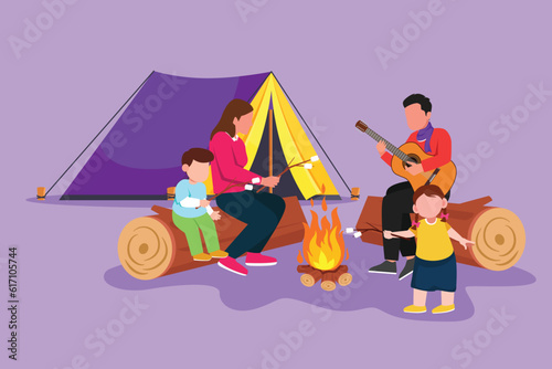 Cartoon flat style drawing of happy hiker family sit by campfire. Tourist campers. Dad playing guitar, mom and kids roast marshmallows. Night camping entertainment. Graphic design vector illustration © onetime