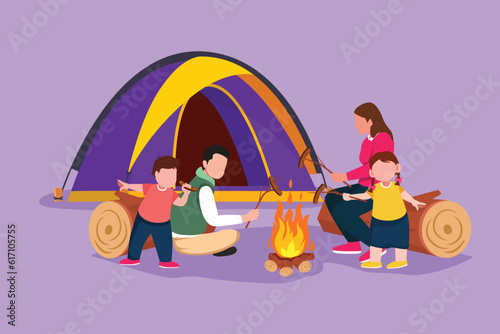 Character flat drawing happy family sit by campfire. Cheerful tourists, campers. Mom, dad and kids roast sausage for dinner. Night camping adventure trip logo icon. Cartoon design vector illustration