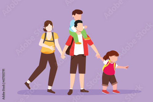 Cartoon flat style drawing happy family is hiking, traveling, trekking in the forest. Father, mother and children hiking and camping with backpack at nature outdoor. Graphic design vector illustration