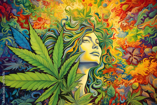 Female face, rastaman, surrounded with marijuana leaves. Cannabis leaves. Generative ai illustration of rasta coulture.