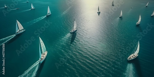 Beautiful sailboats sailing in a team on a sea of turquoise clarity was captured by an aerial drone. AI generative.