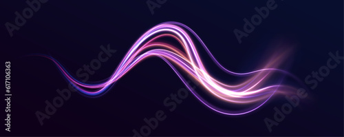 Futuristic dynamic motion technology. Neon color glowing lines background, high-speed light trails effect. Purple glowing wave swirl, impulse cable lines. 