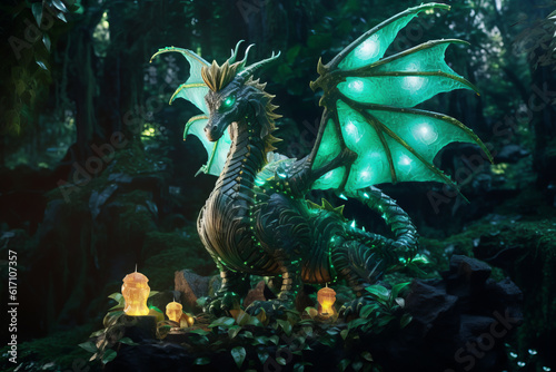 Forest green magical dragon on the background of the enchanted forest. Generative ai illustration of green dragon  symbol of 2024 year.