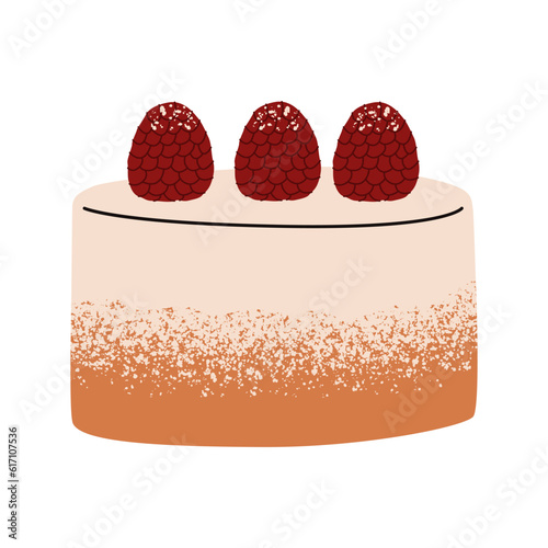 Flat vector illustration of a raspberry berry cake. Sweet pastries, confectionery with filling. Isolated design on a white background.