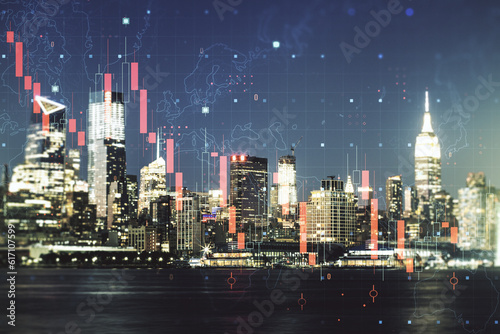 Economic crisis chart and world map hologram on New York cityscape background, bankruptcy and recession concept. Multiexposure © Pixels Hunter