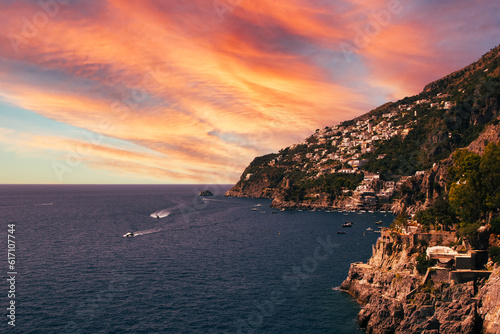 The Amalfi coast with Positano. One of the most visited places in the world in summer. Clean and clear waters where to go by boat or on a boat or rather a yacht 