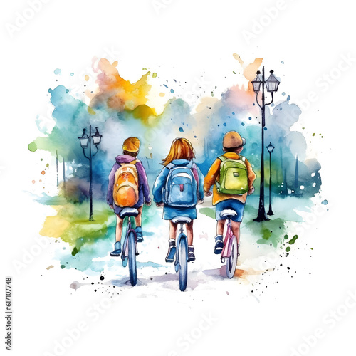 Vibrant Watercolor Design Celebrating School Kids Cycling to Class. Perfect for Watercolor t shirt design. Generative AI