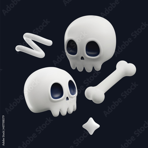 Spooky skull and bones in cartoon 3d style, vector illustration on black background.