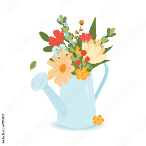 Vector illustration with a beautiful bouquet in a watering can Greeting card print
