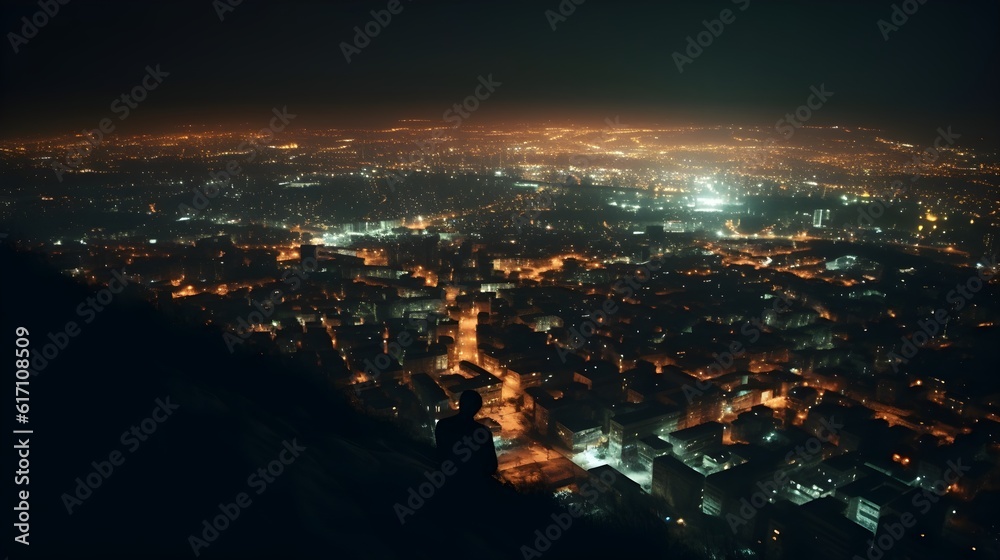 Fototapeta premium Illuminated cityscape at night, showcasing stunning architecture and captivating skyline view from high area, aerial view.