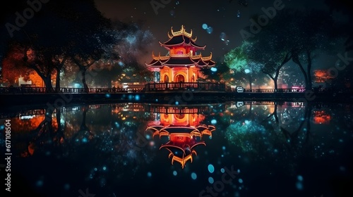 Captivating night scene with illuminated chinese architecture and reflection on lake water.