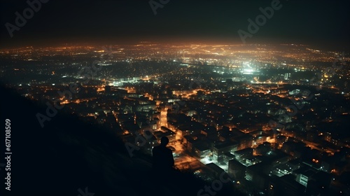 Illuminated cityscape at night, showcasing stunning architecture and captivating skyline view from high area, aerial view.